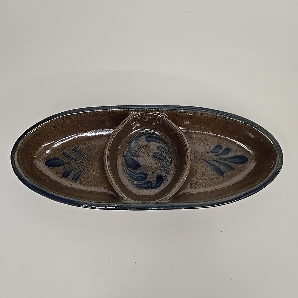Rowe Pottery Works Salt Glaze 3 part Snack Relish Tray Dish Artist Marked‎